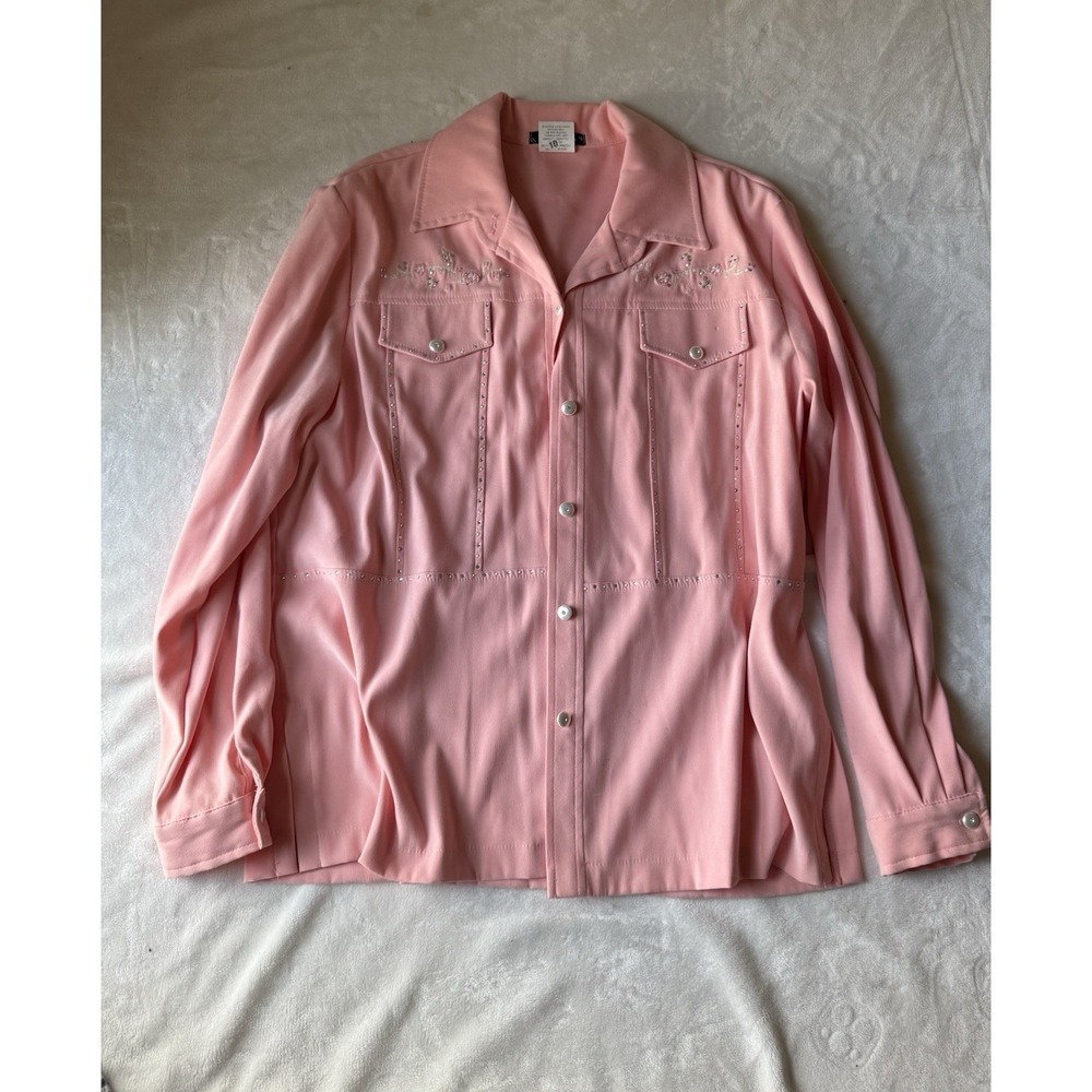 Gepetto Sz L Pink Rhinestone Embellished Pink Button Top